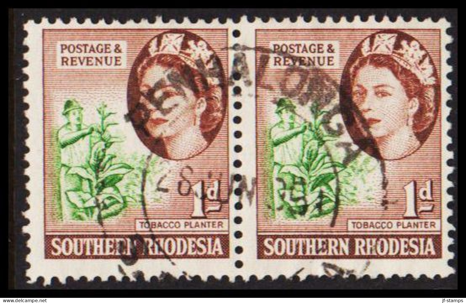 1953. SOUTHERN RHODESIA. Elizabeth TOBACCO PLANTER Pair 1 D Cancelled PENHALONGA.  (Michel 81) - JF535059 - Southern Rhodesia (...-1964)