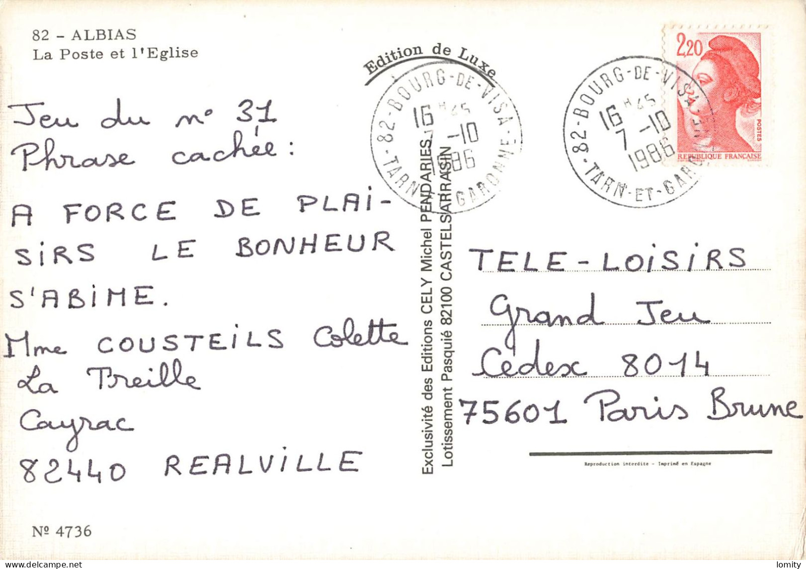 82 Albias église Et Poste PTT Bureau Postes CPM Voiture Auto Renault 6 4L Citroen Dyane , Boite Aux Lettres - Albias