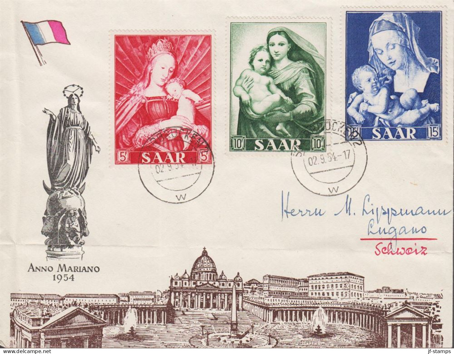 1954. Saar. Marianisches Jahr: Gemälde Complete Set On Cover To Lugano, Schweiz Cancelled... (MICHEL 351-353) - JF535275 - Lettres & Documents
