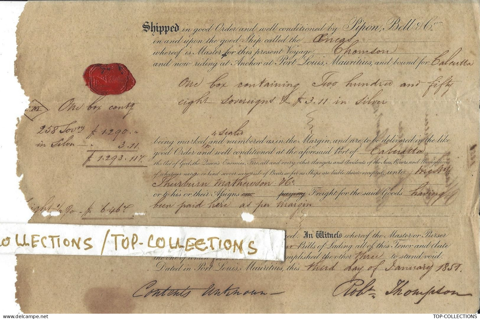 1851 RARE BILL OF LADING CONNAISSEMENT  De Port  Louis Ile Maurice  >Calcutta Inde Cargaison Sovereign En Argent V.HIST. - 1800 – 1899