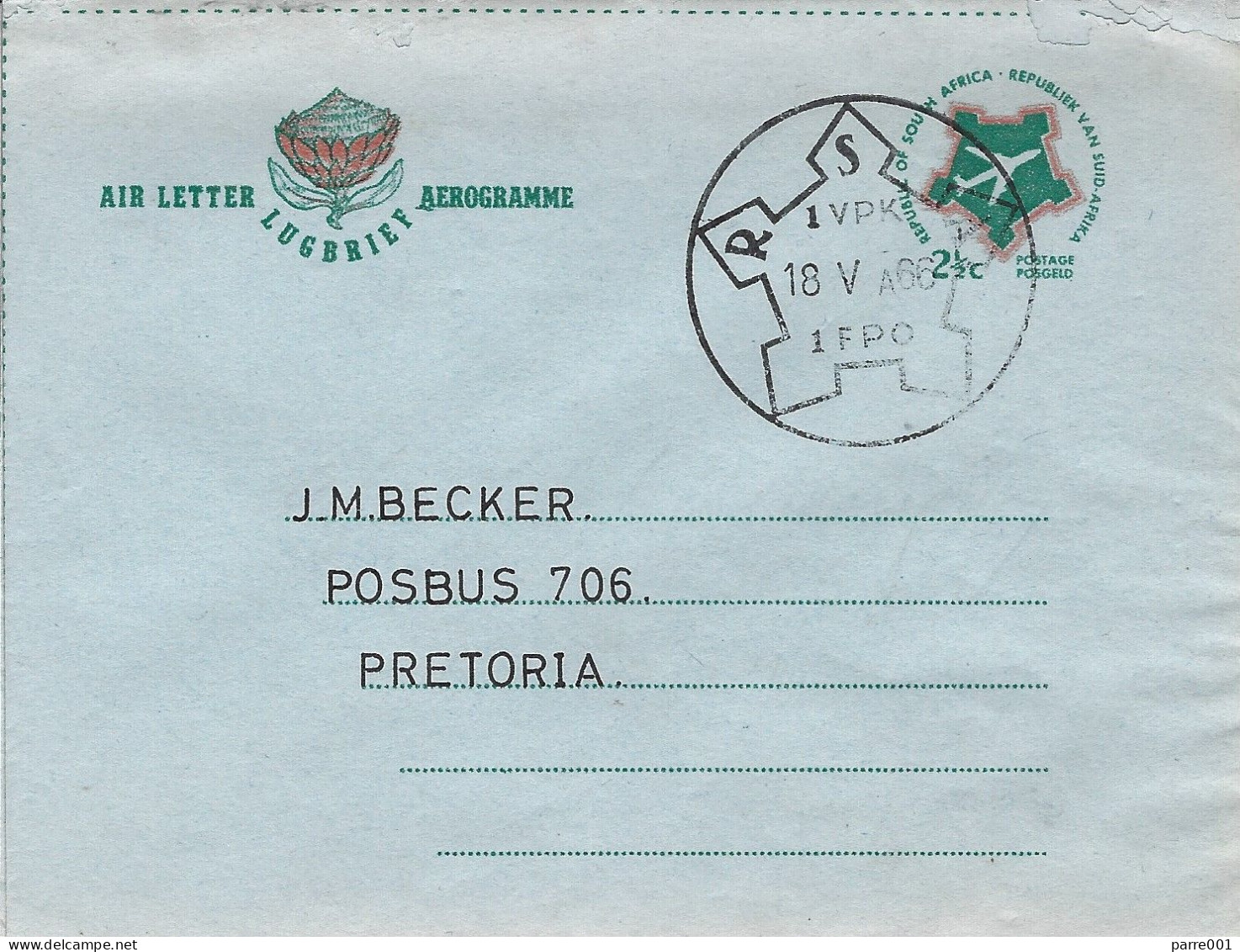 RSA South Africa 1966 Field Post Office 1 FPO VPK Castle Type Datestamp Domestic Aerogramme - Lettres & Documents