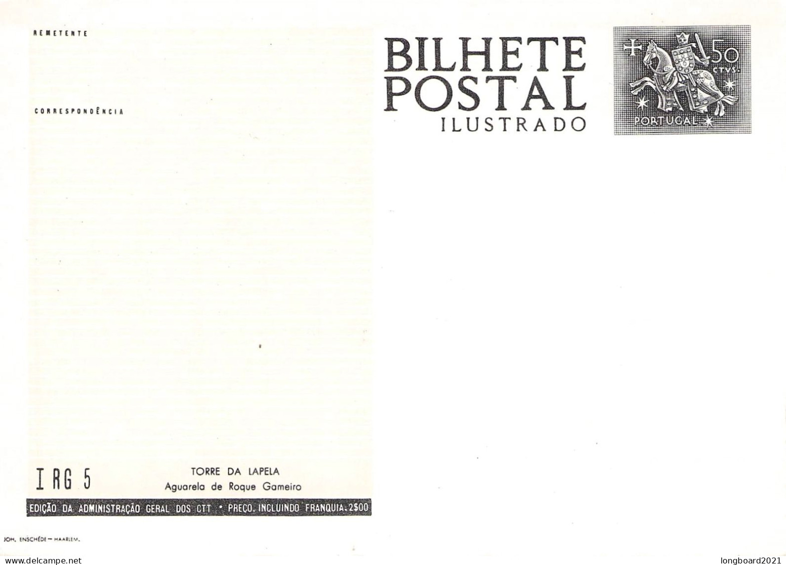 PORTUGAL - PICTURE POSTCARD 1962 50c Mi P128 Unc / *1000 - Enteros Postales