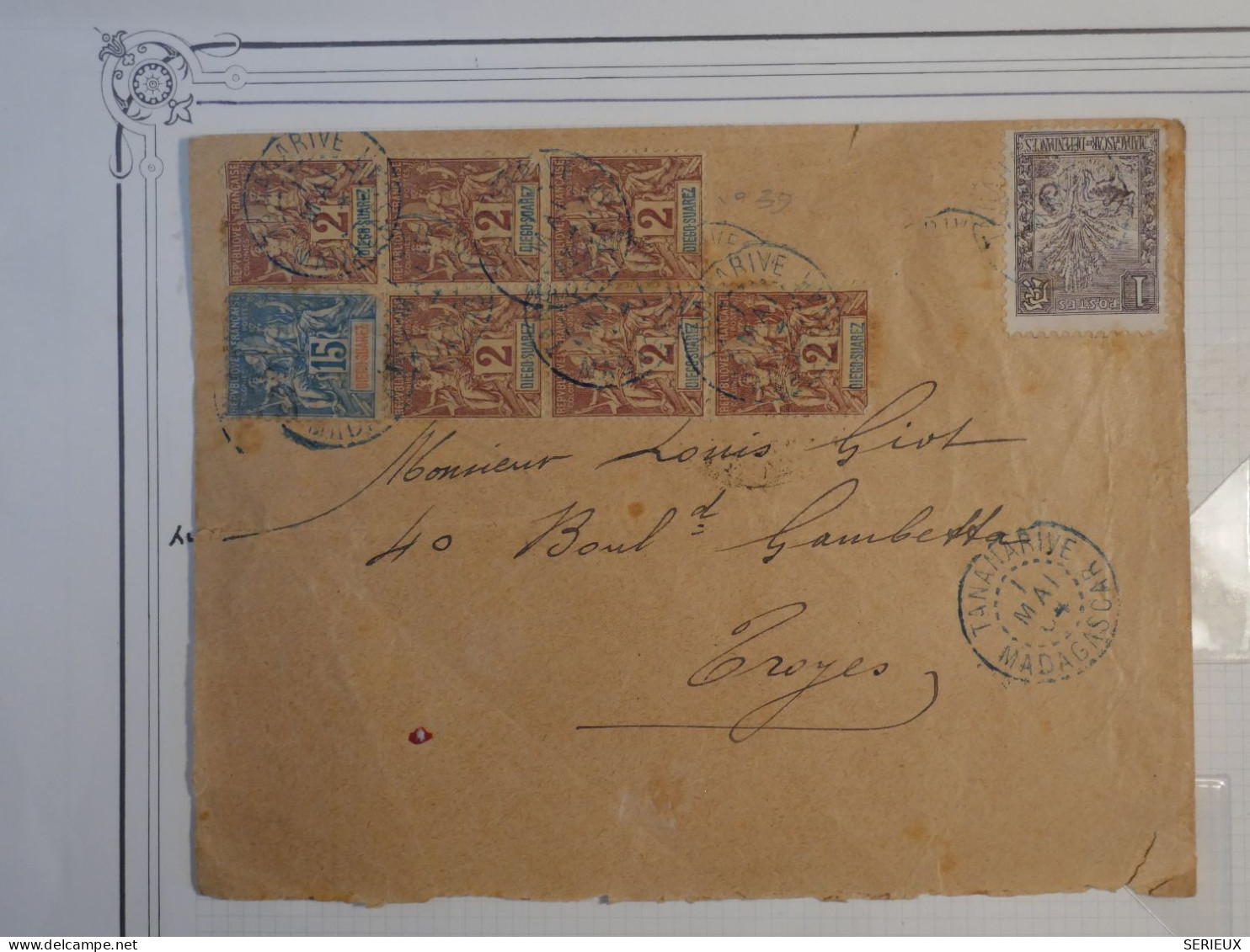 BW5 DIEGO SUAREZ  BELLE LETTRE  RRR  1 MAI 1904 A TROYES  FRANCE +CACHETS BLEUS + AFF. PLAISANT++ - Lettres & Documents