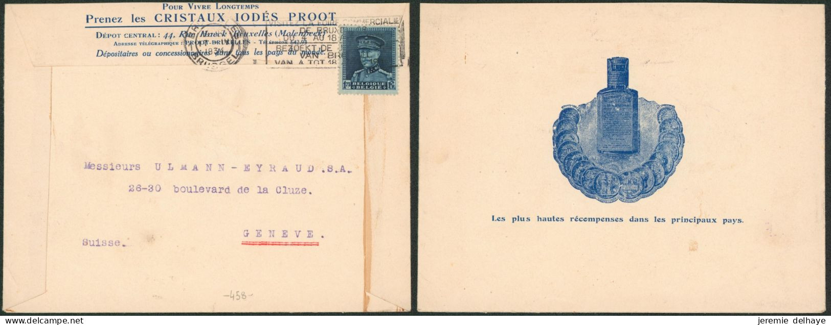 Képi - N°320 Sur Lettre Publicitaire "Cristaux Iodés Proot" (Molenbeek) > Genève (Suisse) - 1931-1934 Képi