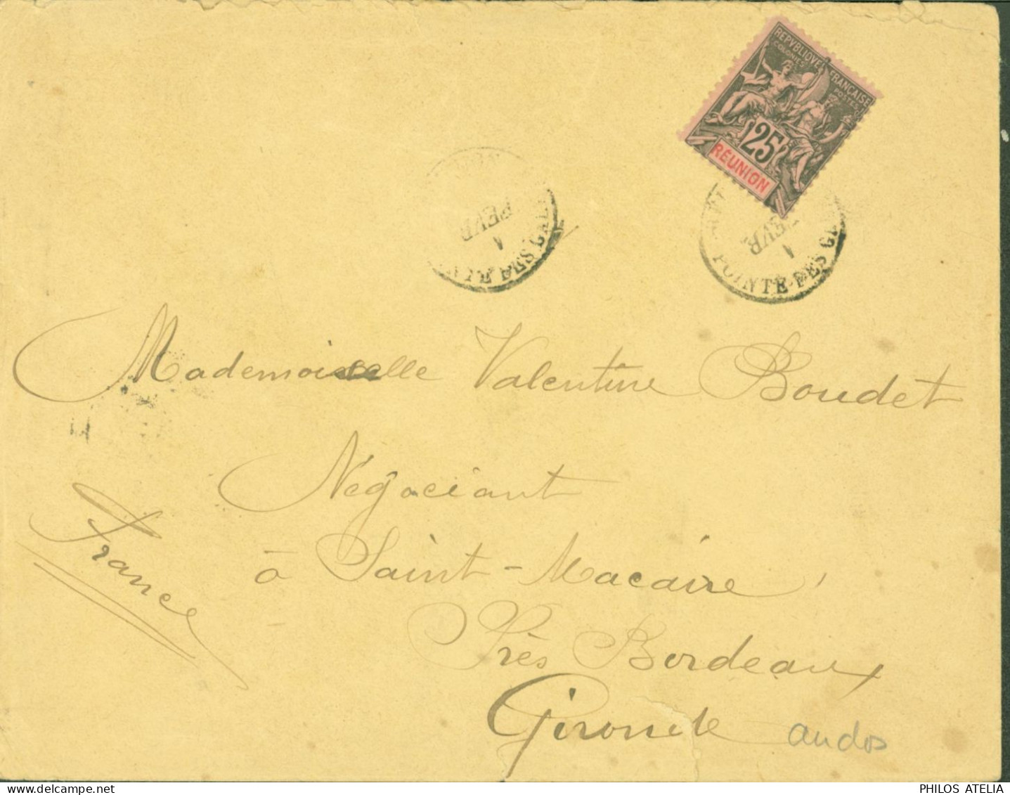 La Réunion YT N°39 CAD Pointe Des Galets Verso Maritime La Réunion à Marseille LV N°4 1 FEV 1898 Transit Bordeaux - Storia Postale