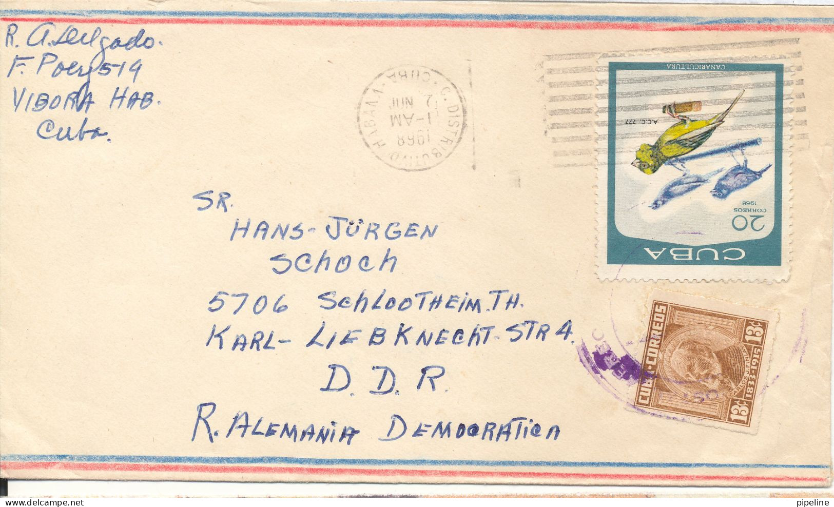 Cuba Air Mail Cover Sent To Germany DDR 1968 - Brieven En Documenten