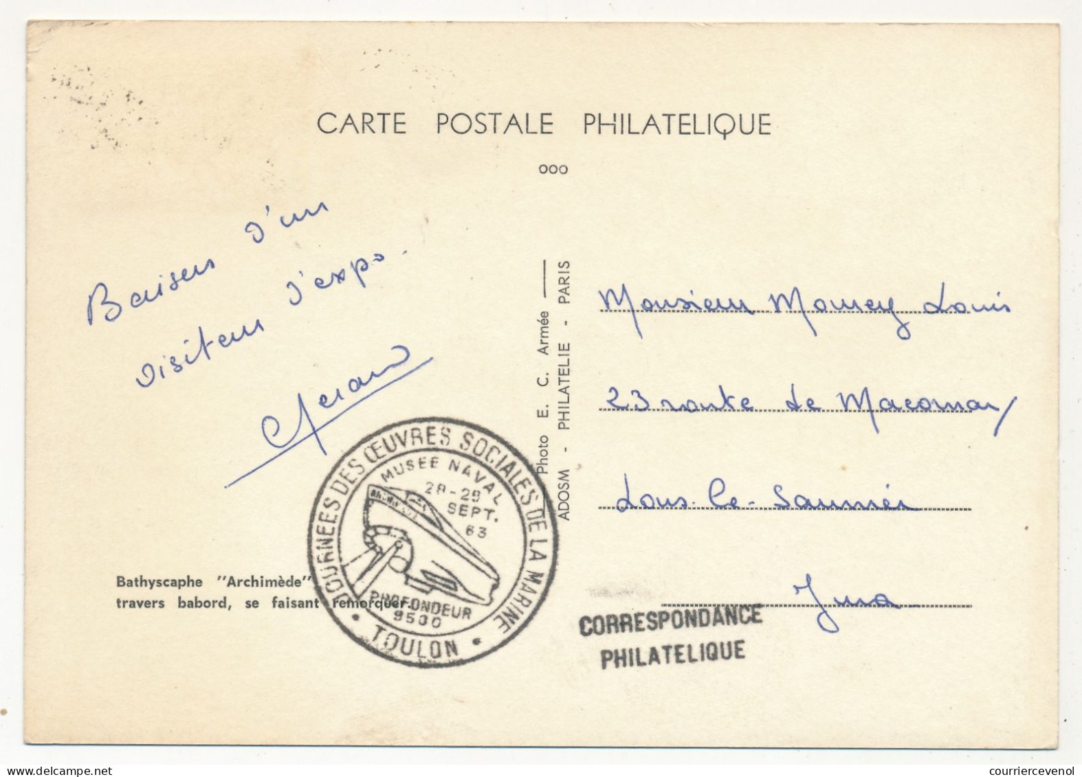 FRANCE - Carte Maximum - 0,30 Bathyscaphe Archimède - Obl Temp Journées Des Oeuvres Sociales TOULON 28 Sept 1963 - 1960-1969