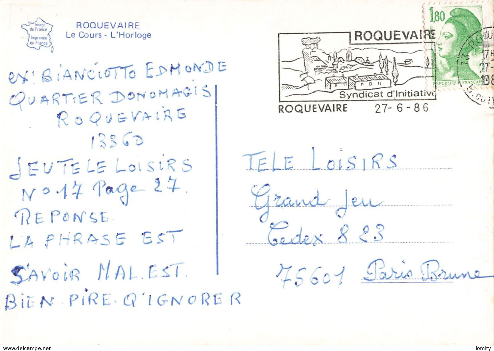 13 Roquevaire Le Cours Horloge CPM Cachet Flamme Syndicat Initiative Roquevaire 1986 - Roquevaire