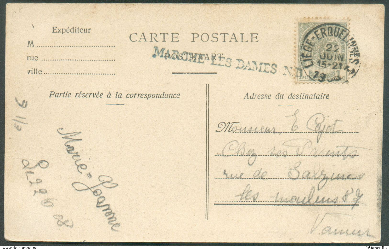 N°81 - 1c. Armoirie Obl. Sc Ambulant LIEGE - ERQUELINNES 2 Sur C.P. Du 22 Juin 1908 + Griffe Bleue Ferroviaire MARCHE-LE - Linear Postmarks