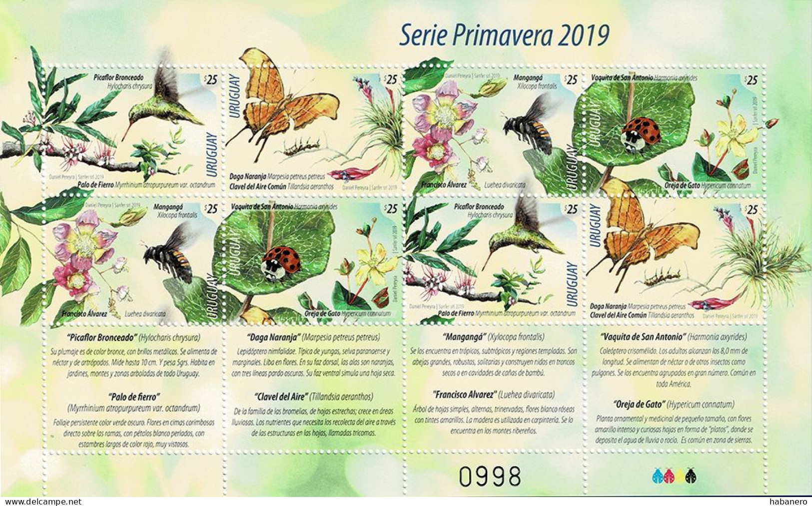 URUGUAY 2019 Mi 3686-3689 HUMMINGBIRDS BUTTERFLIES INSECTS MINT MINIATURE SHEET ** - Kolibries
