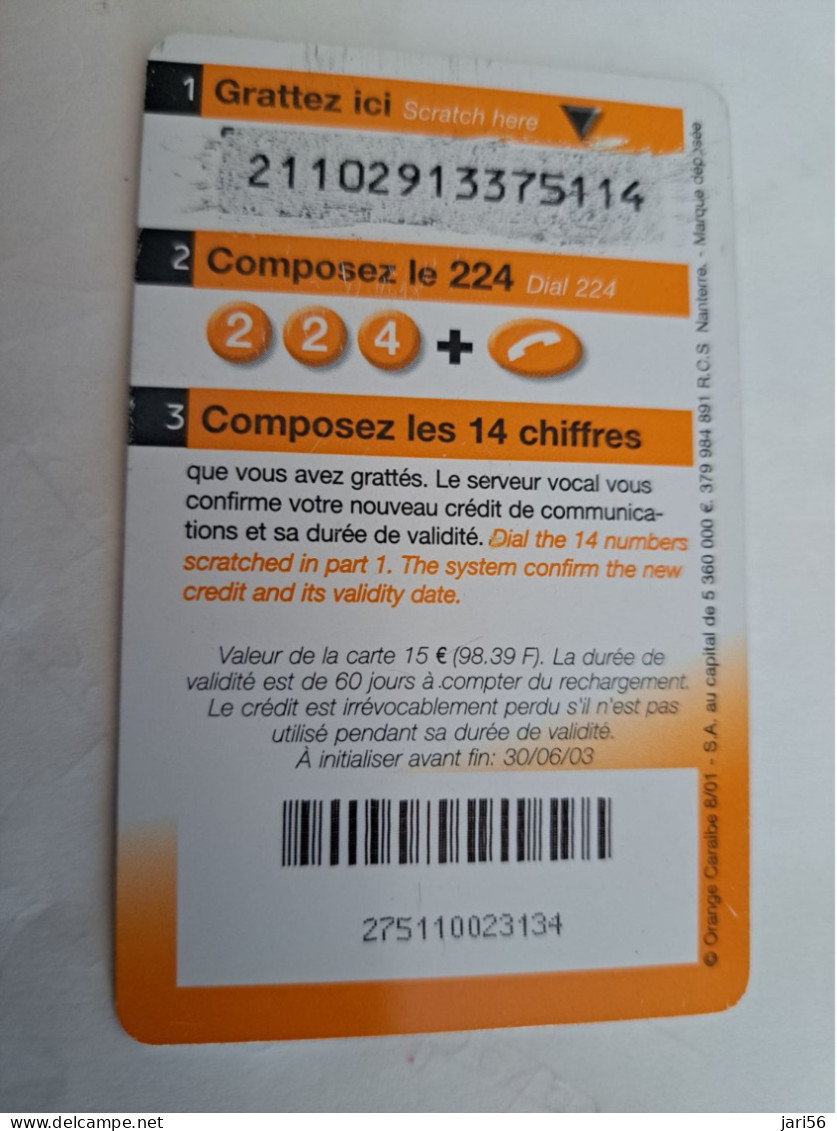 CARAIBES  / ORANGE / 15 UNITS /DATE 8/01  Fine USED  CARD   **14258 ** - Antillen (Overige)