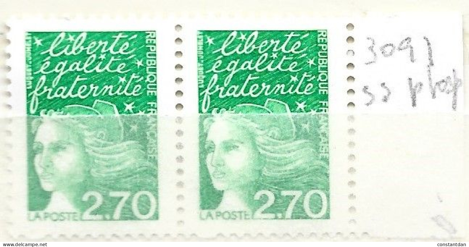 FRANCE N° 3091 2.70 VERT TYPE MARIANNE DE LUQUET  PAIRE SANS PHOSPHORE NEUF SANS CHARNIERE - 1990-1999