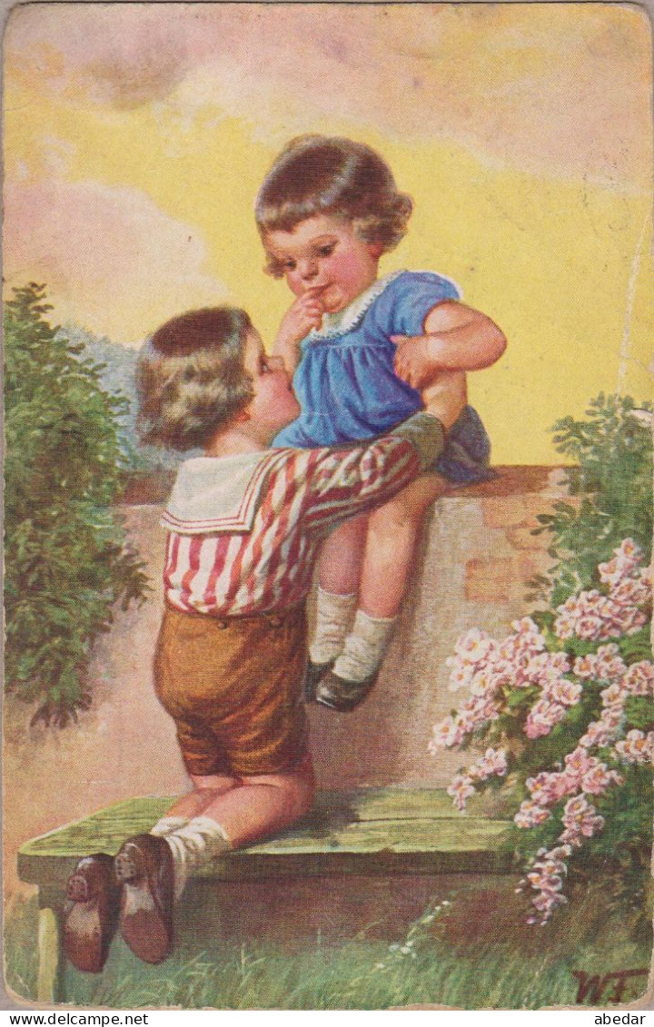 Wally Fialkowska Enfant  Kids Girl & Boy Amor  Old PC. Cpa. 1923 - Fialkowska, Wally