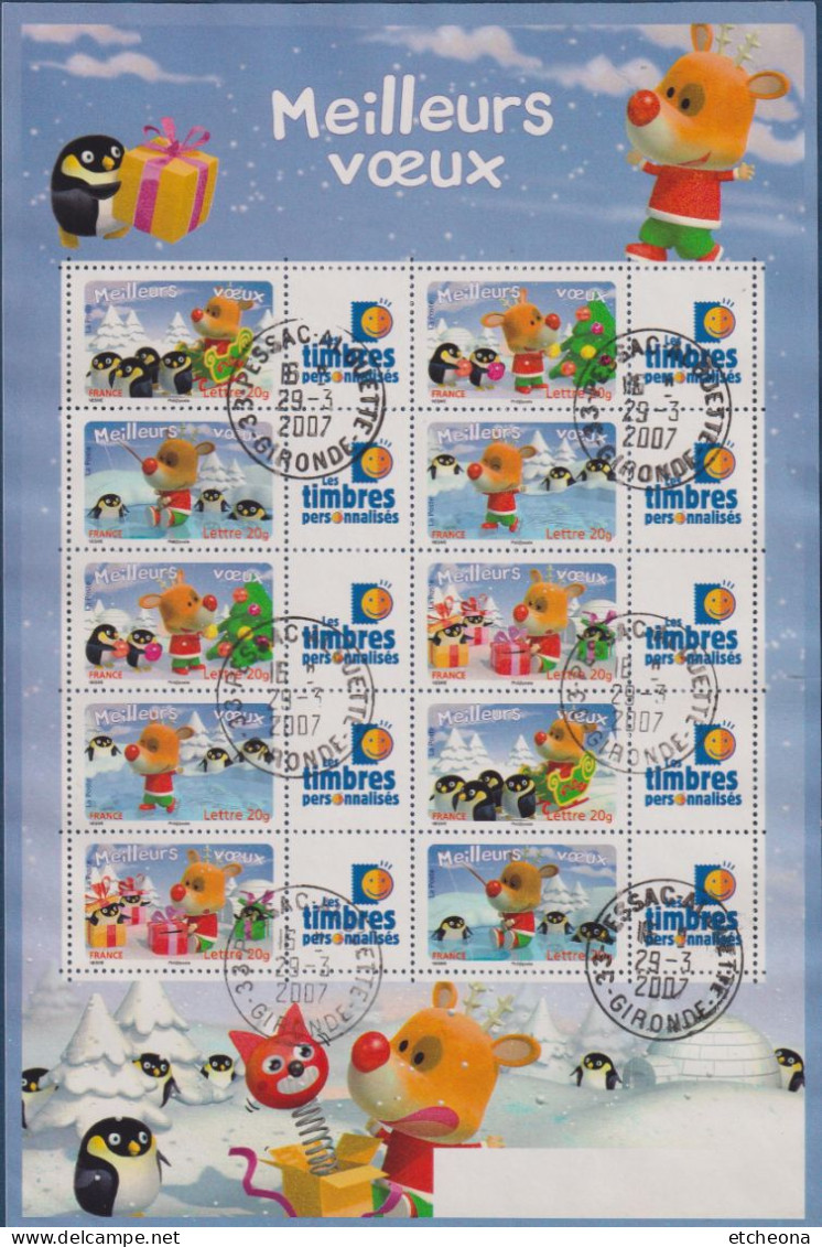 Meilleurs Voeux 2006 Oblitéré F3986A Vignette Les Timbres Personnalisés 29.3.2007 Manchots Et Rennes - Gebraucht