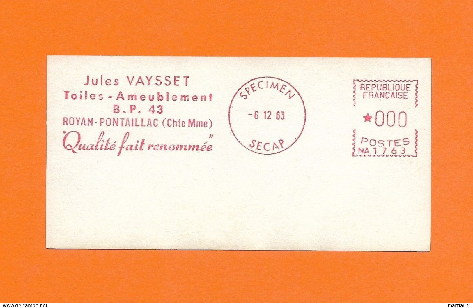 EMA SPECIMEN RED METER STAMP ABSENDERFREISTEMPEL MEUBLE AMEUBLEMENT MOBEL MOBILIER TOILE VAYSSET ROYAN PONTILLAC QUALITE - Usines & Industries