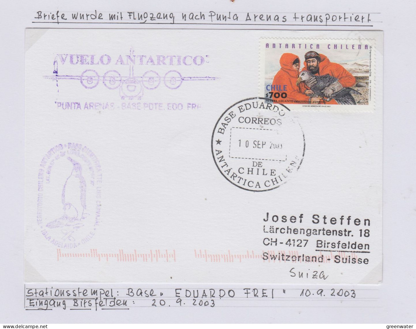 Chile Antarctic Flight From Punta Arenes To Base Frei  Ca Frei 20 SP 2003 (WB196)) - Vuelos Polares