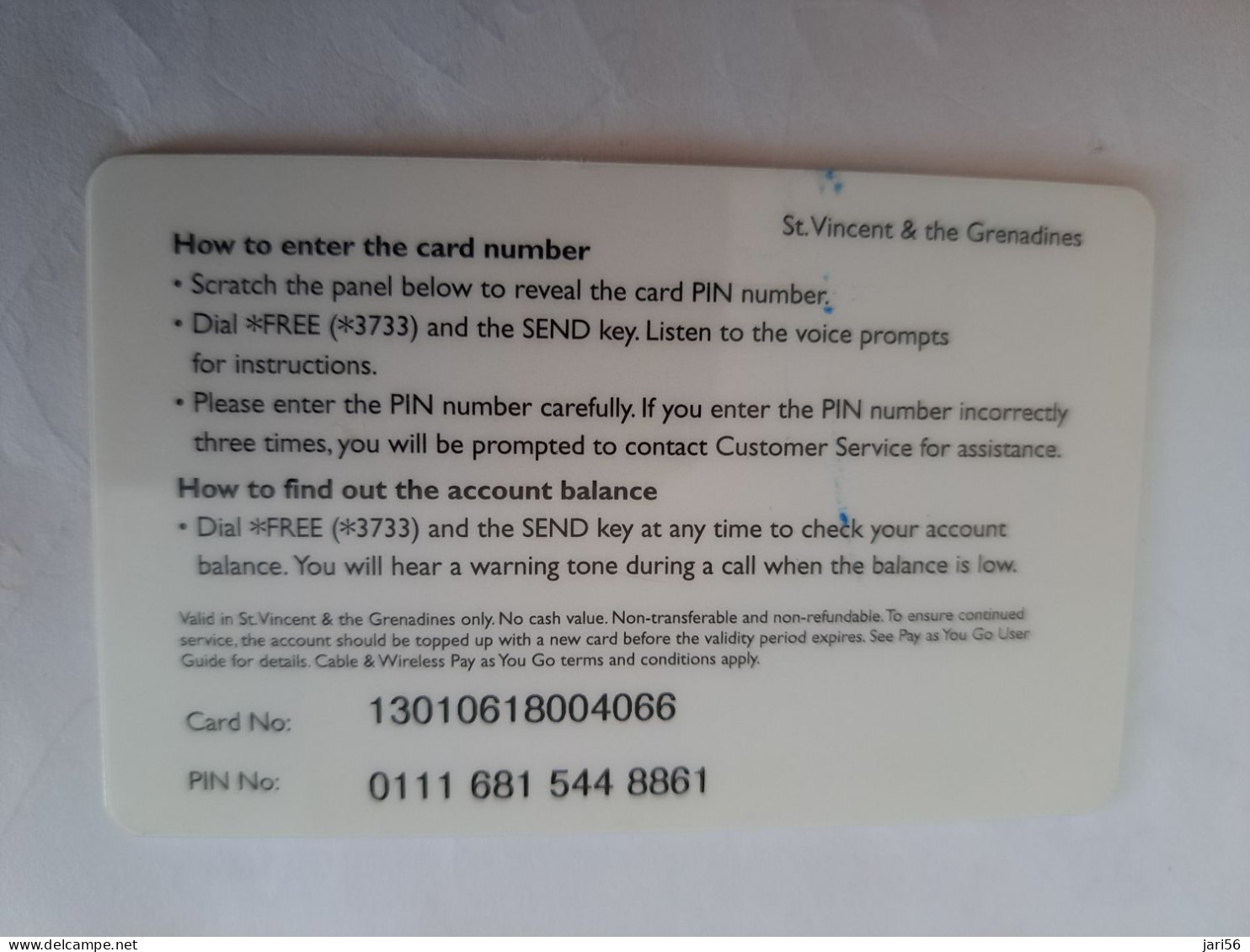 ST VINCENT & GRENADINES   $40,-  PAY AS YOU GO   Prepaid  THICK CARD    Fine Used Card  ** 14289** - Saint-Vincent-et-les-Grenadines