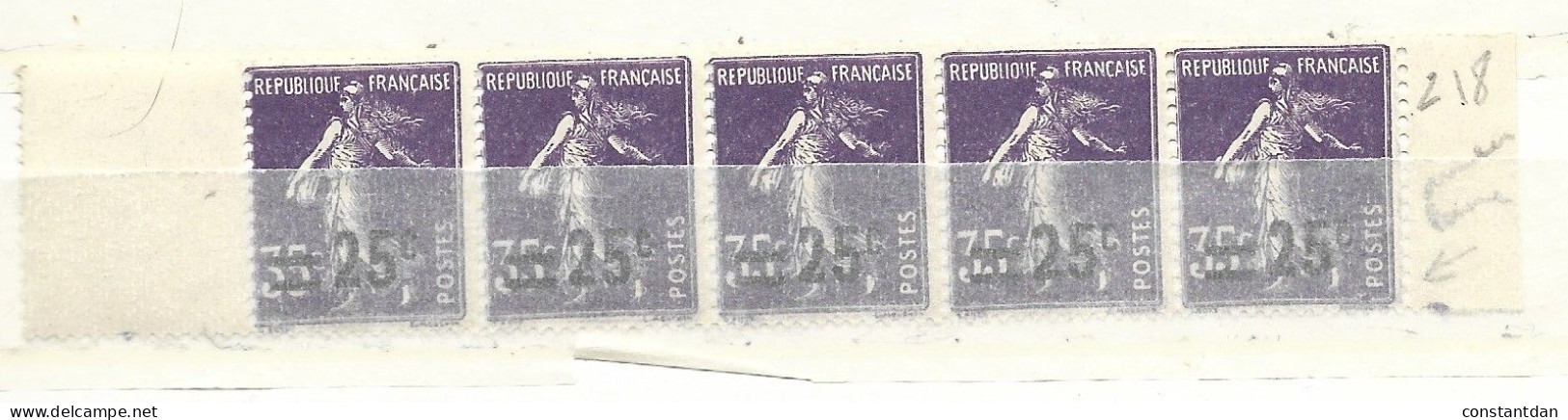 FRANCE N° 218 25C S 35C VIOLET TYPE SEMEUSE POINT VIOLET A COTE DE POSTES SUR LE 5EME TPS BANDE DE 5 NEUF SANS CHARNIERE - Neufs