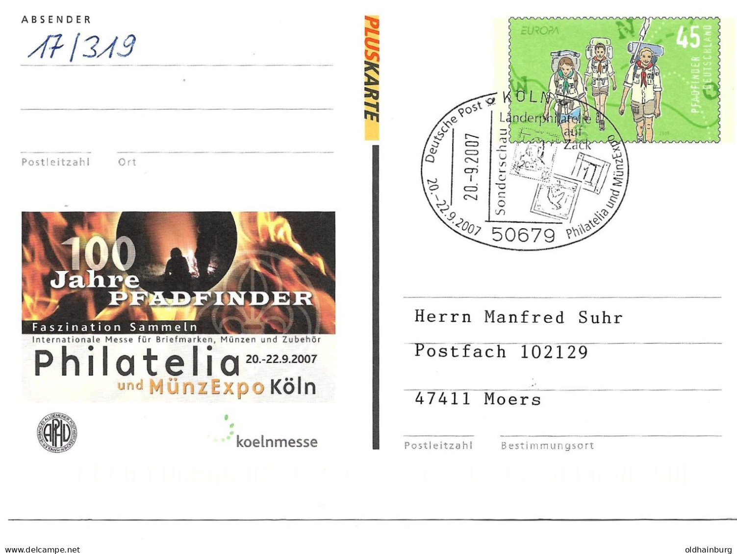 0445g: Deutschland, Privatganzsache 2007 Nach Moers Gelaufen (Pfadfinder, Europa Cept Motiv) - Privé Postkaarten - Gebruikt