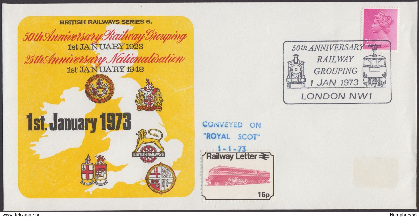 1973 - GREAT BRITAIN - Railway Covers - 50th Anniversary Railway Grouping + SG X851 [Queen Elizabeth] + LONDON NW1 - Ferrocarril & Paquetes Postales