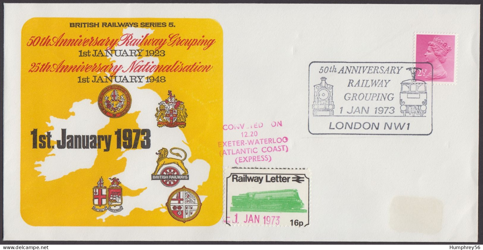 1973 - GREAT BRITAIN - Railway Covers - 50th Anniversary Railway Grouping + SG X851 [Queen Elizabeth] + LONDON NW1 - Ferrocarril & Paquetes Postales