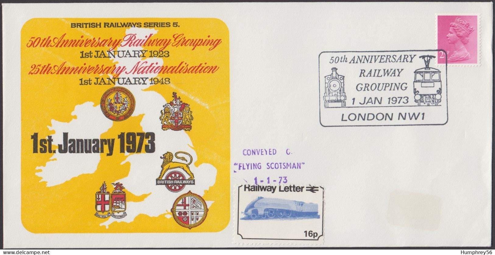 1973 - GREAT BRITAIN - Railway Covers - 50th Anniversary Railway Grouping + SG X851 [Queen Elizabeth] + LONDON NW1 - Ferrocarril & Paquetes Postales