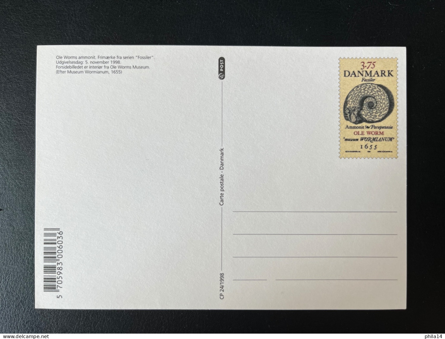 SP POST CARD DANMARK / AMMONIT PARAPUZIOSA OLE WORM 1655 / 1998 / NEUVE - Briefe U. Dokumente