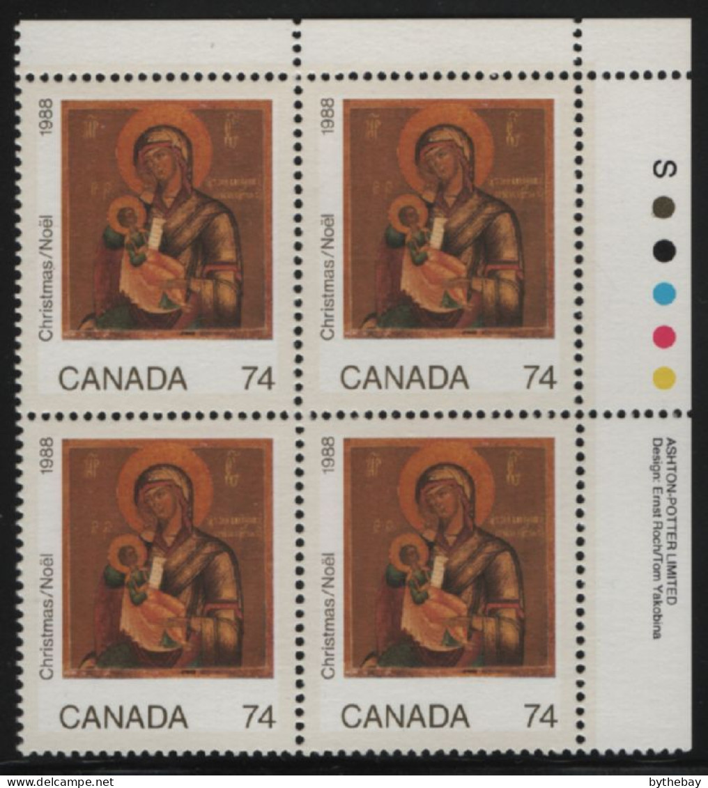 Canada 1988 MNH Sc 1224 74c Madonna And Child Christmas UR Plate Block - Plattennummern & Inschriften