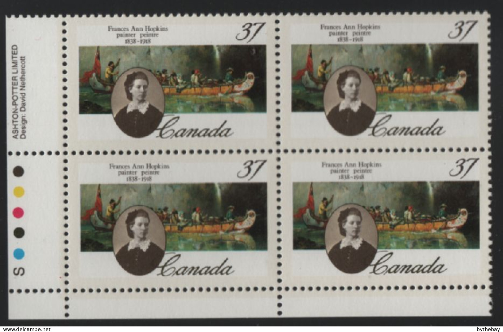Canada 1988 MNH Sc 1227 37c Frances Ann Hopkins LL Plate Block - Plate Number & Inscriptions
