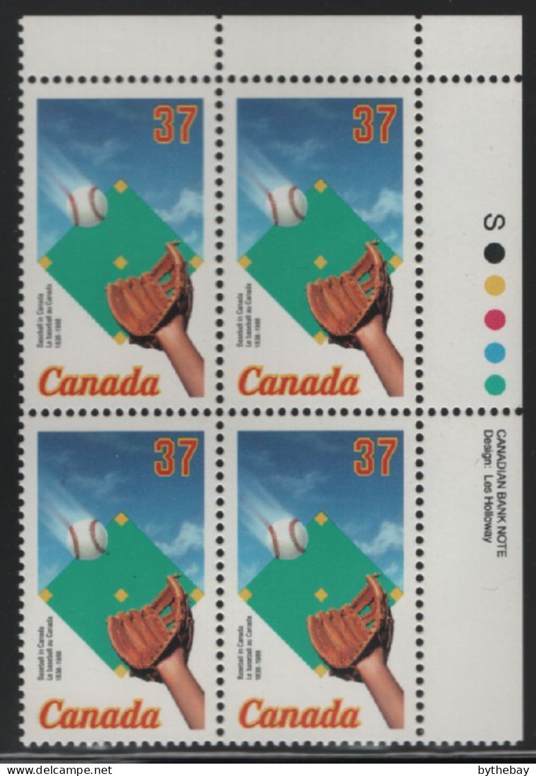 Canada 1988 MNH Sc 1221 37c Basball Glove, Ball, Diamond UR Plate Block - Plate Number & Inscriptions