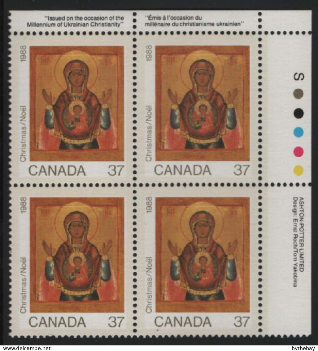 Canada 1988 MNH Sc 1222 37c Madonna And Child Christmas UR Plate Block - Plate Number & Inscriptions