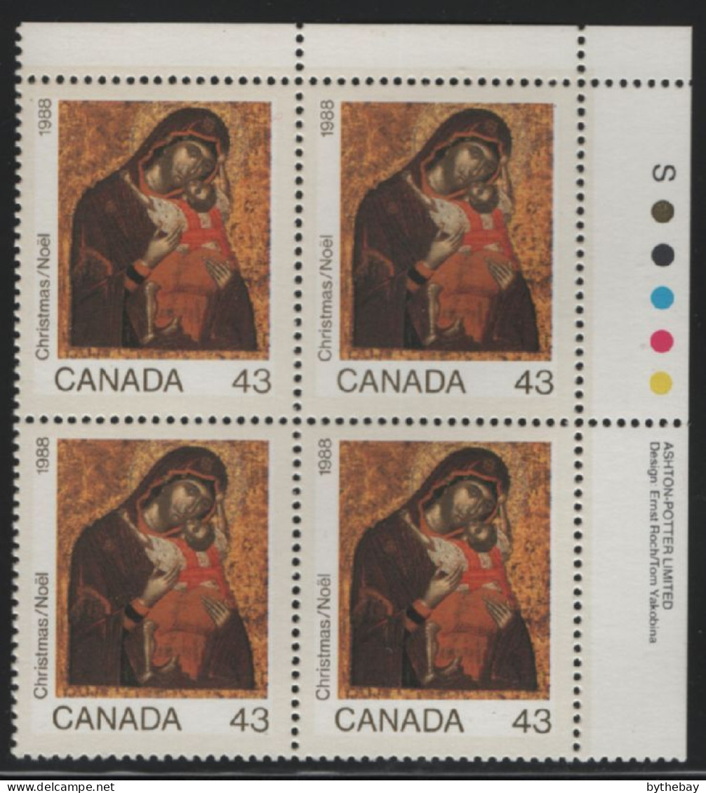 Canada 1988 MNH Sc 1223 43c Madonna And Child Christmas UR Plate Block - Plate Number & Inscriptions