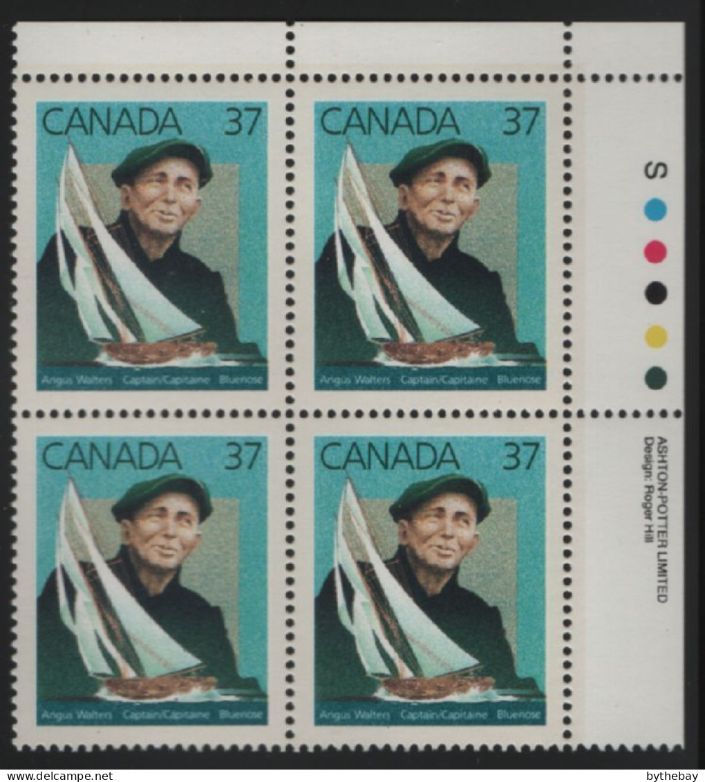 Canada 1988 MNH Sc 1228 37c Angus Walters, Bluenose UR Plate Block - Num. Planches & Inscriptions Marge