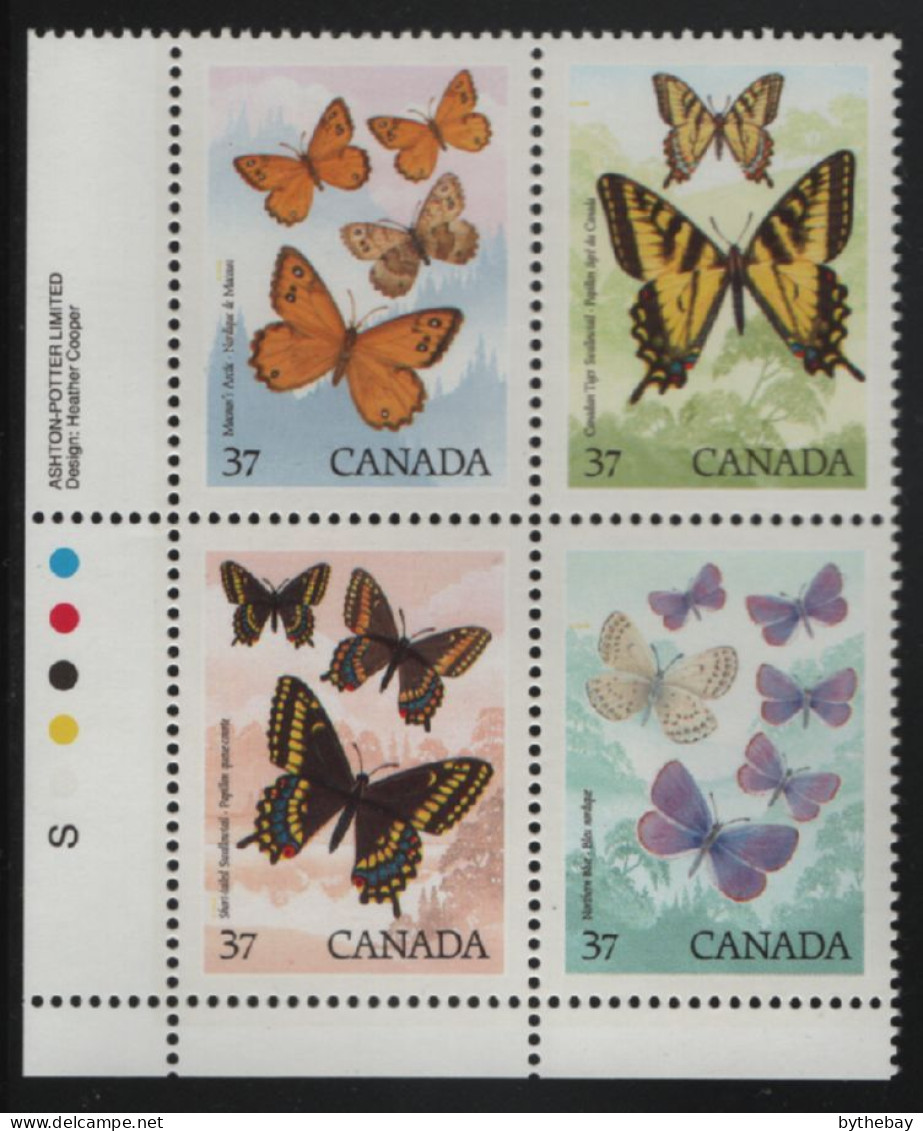 Canada 1988 MNH Sc 1213a 37c Butterflies LL Plate Block - Plate Number & Inscriptions