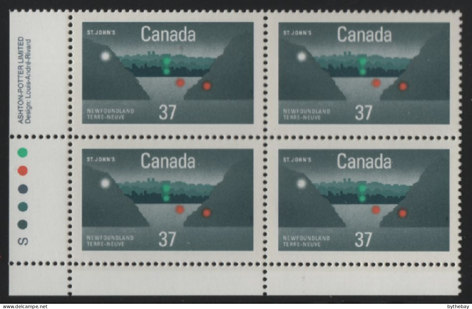 Canada 1988 MNH Sc 1214 37c St. John's Harbour LL Plate Block - Plate Number & Inscriptions