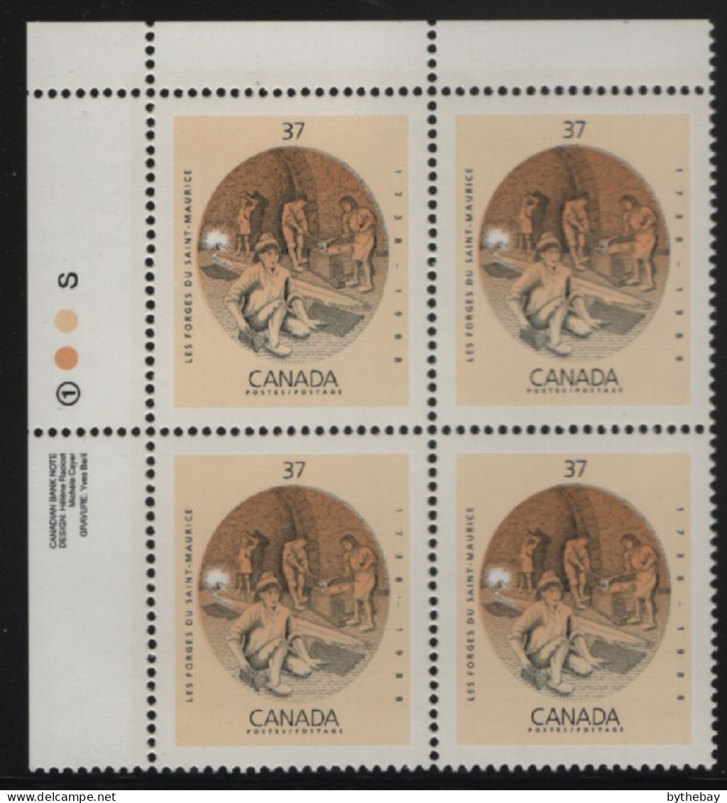 Canada 1988 MNH Sc 1216 37c Ironworks Blast Furnace UL Plate Block - Plate Number & Inscriptions