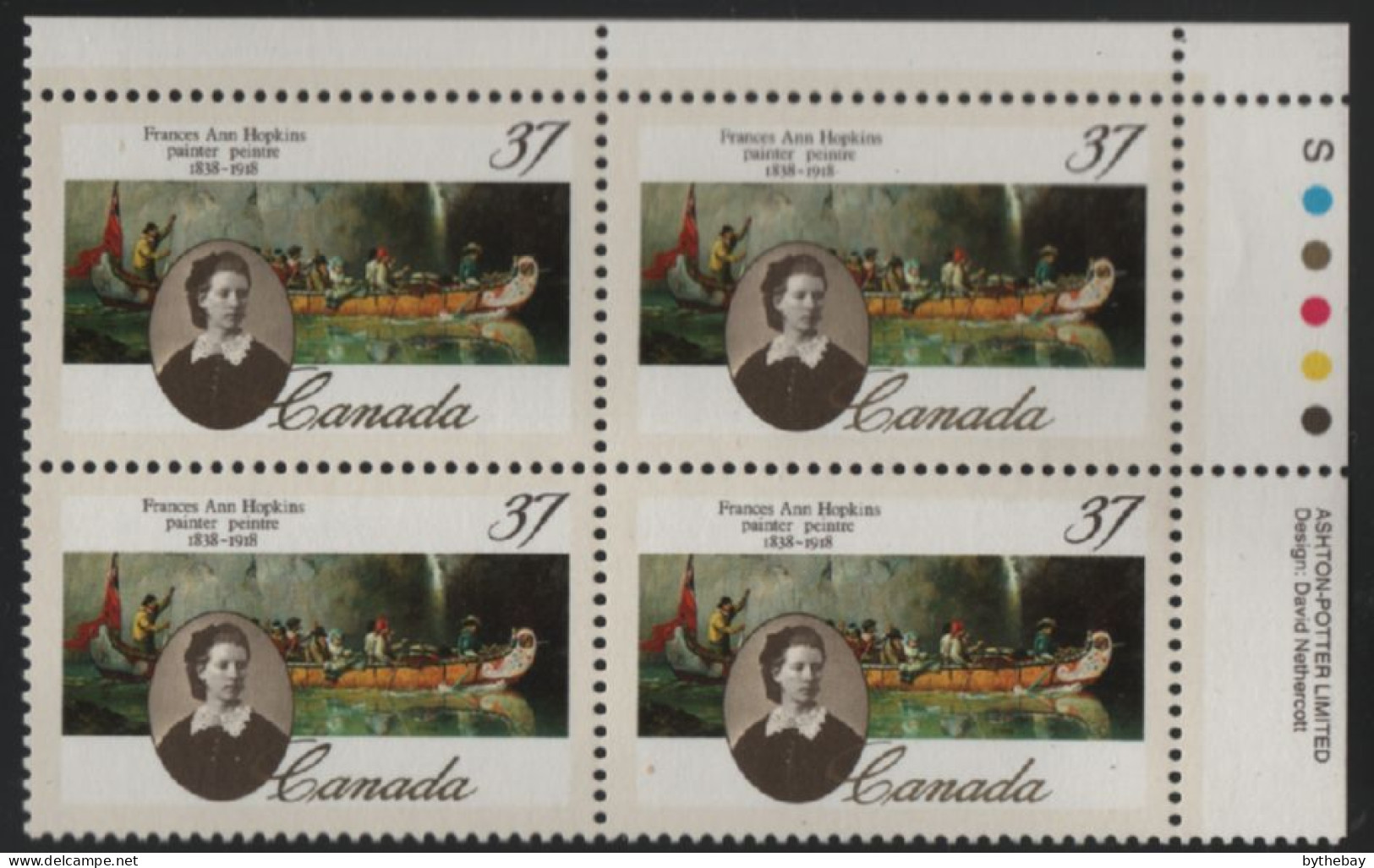 Canada 1988 MNH Sc 1227 37c Frances Ann Hopkins UR Plate Block - Plate Number & Inscriptions