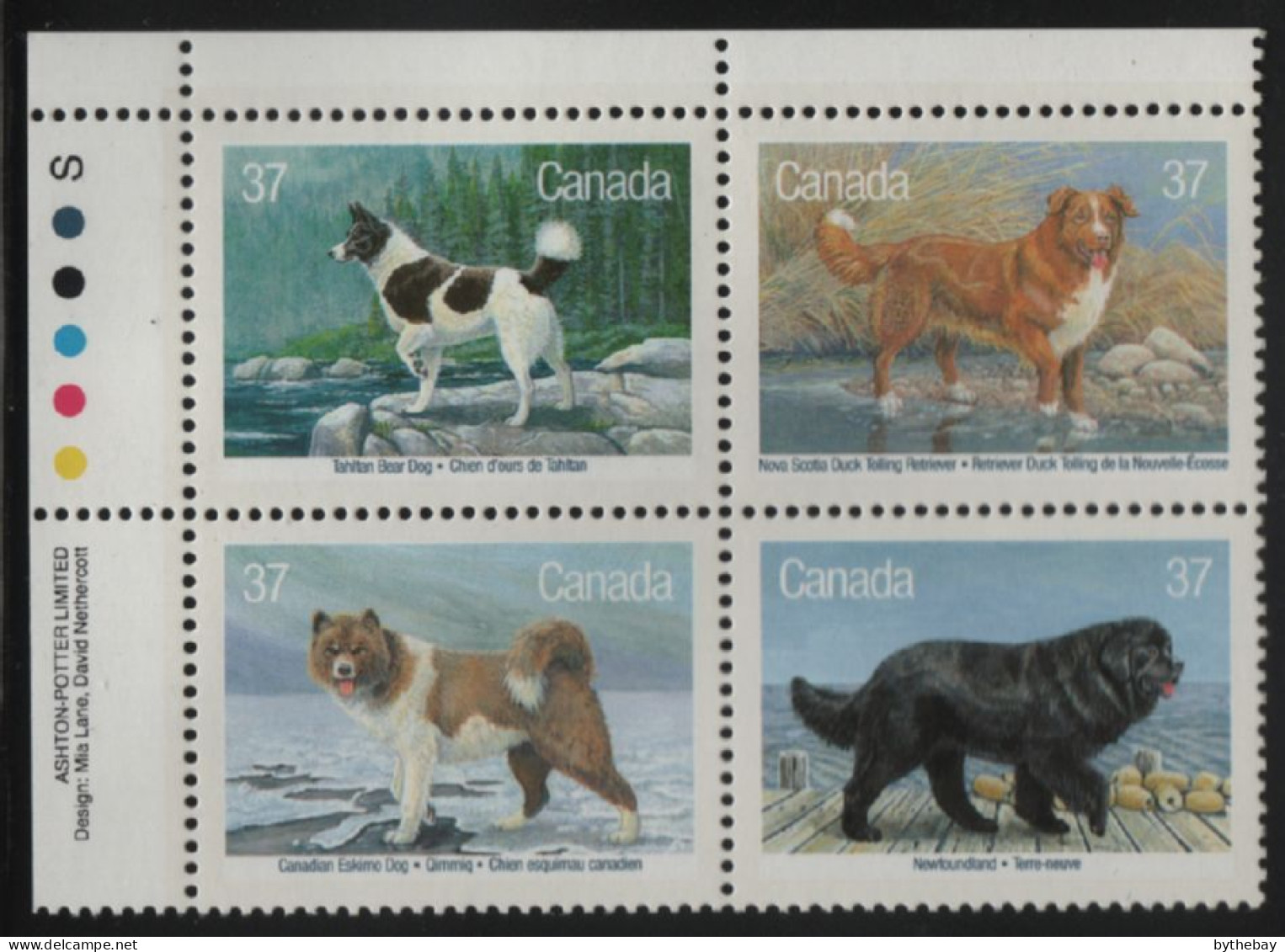 Canada 1988 MNH Sc 1220a 37c Dogs UL Plate Block - Num. Planches & Inscriptions Marge