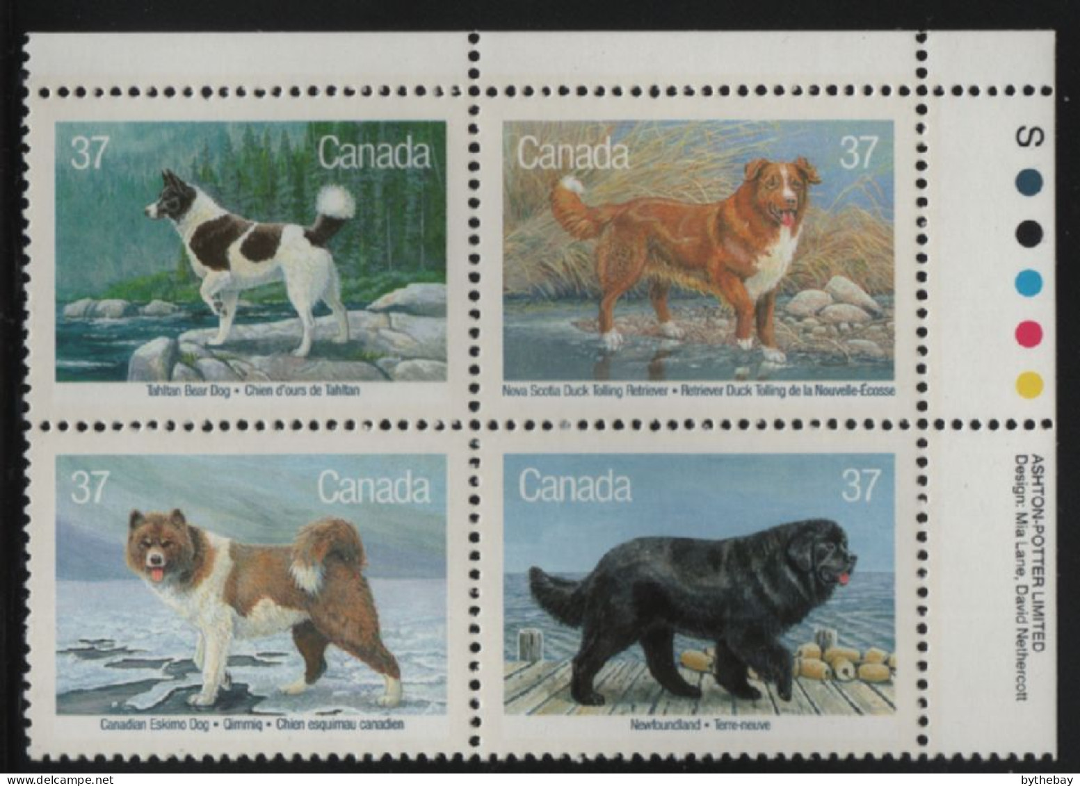 Canada 1988 MNH Sc 1220a With 1219i 37c Dogs Variety UR Plate Block - Num. Planches & Inscriptions Marge