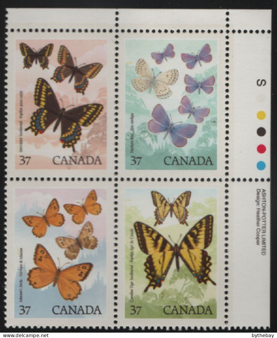 Canada 1988 MNH Sc 1213a 37c Butterflies UR Plate Block - Num. Planches & Inscriptions Marge