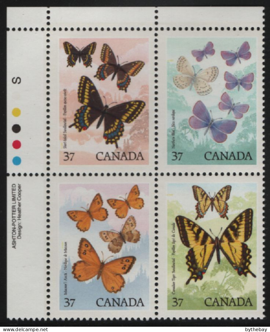 Canada 1988 MNH Sc 1213a 37c Butterflies UL Plate Block - Num. Planches & Inscriptions Marge