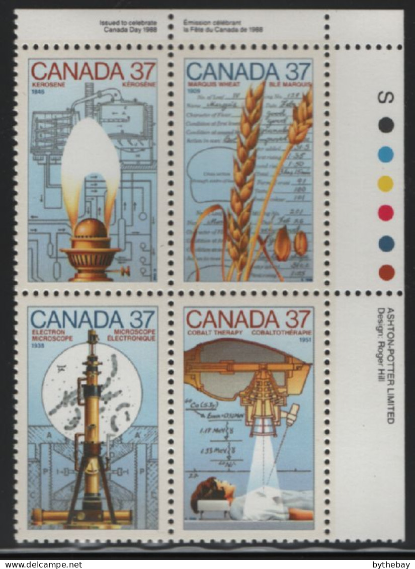 Canada 1988 MNH Sc 1209a 37c Science, Technology UR Plate Block - Plate Number & Inscriptions