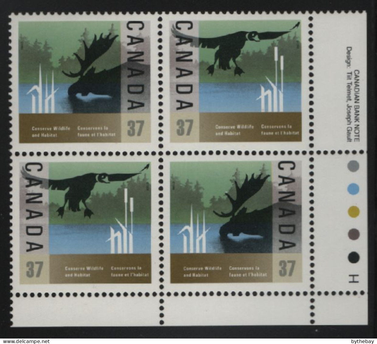 Canada 1988 MNH Sc 1205a 37c Duck, Moose LR Plate Block - Num. Planches & Inscriptions Marge