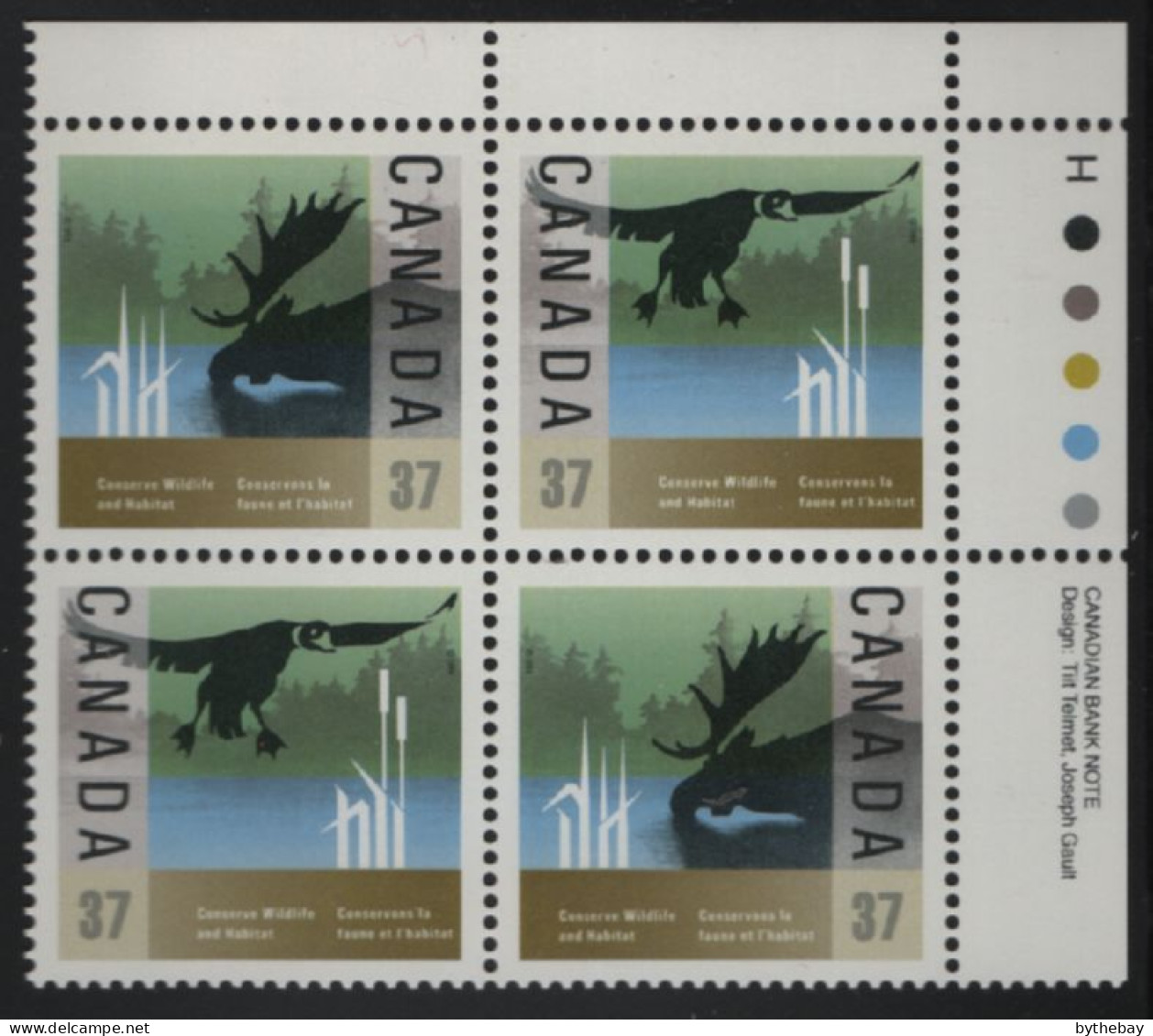 Canada 1988 MNH Sc 1205a 37c Duck, Moose UR Plate Block - Plate Number & Inscriptions