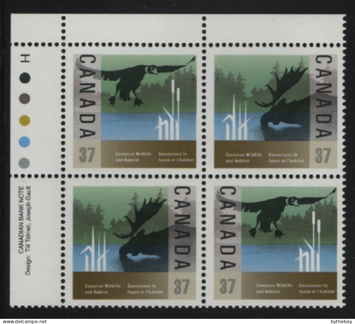 Canada 1988 MNH Sc 1205a 37c Duck, Moose UL Plate Block - Plate Number & Inscriptions