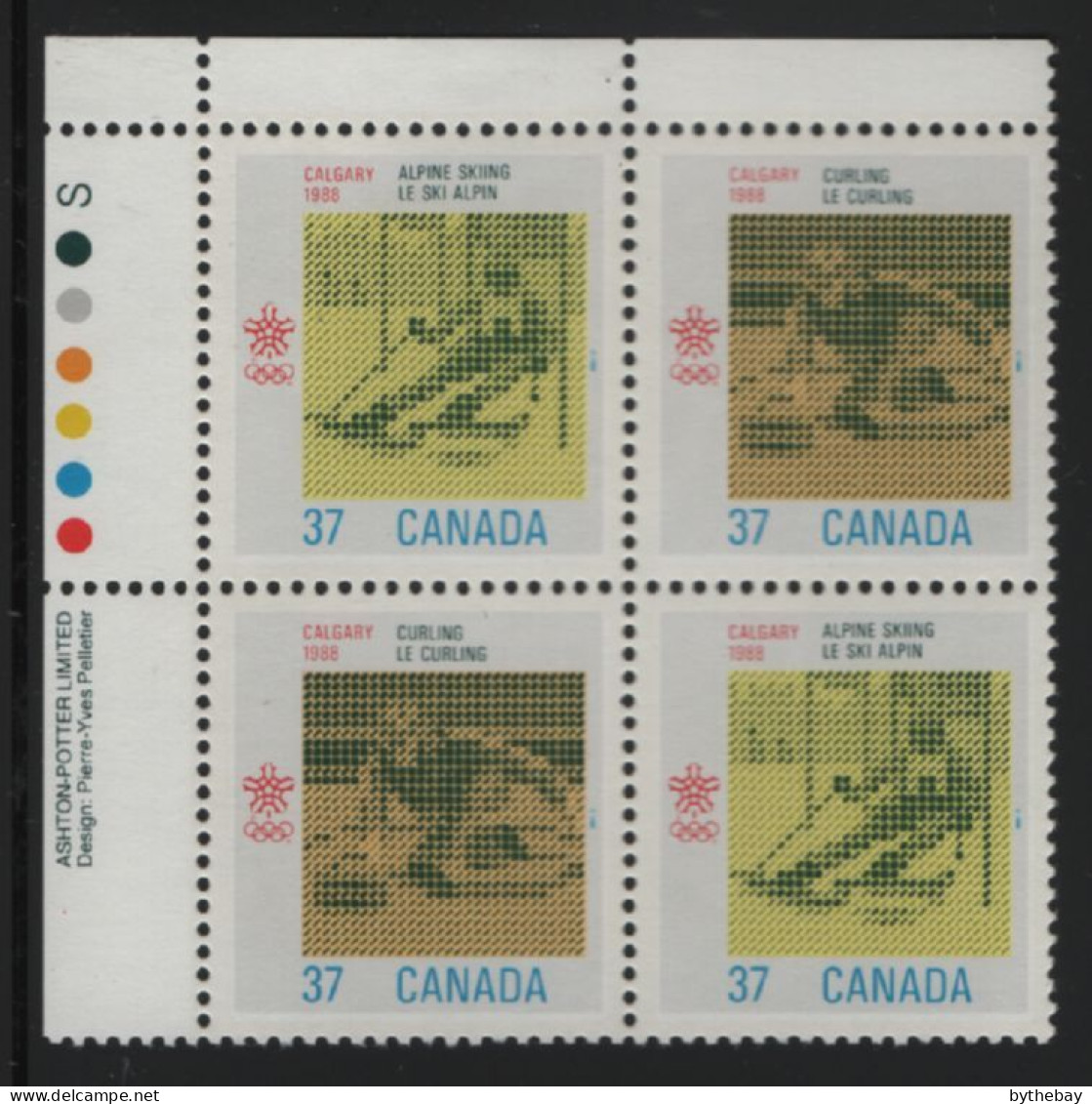 Canada 1988 MNH Sc 1196a 37c Skiing, Curling UL Plate Block - Numeri Di Tavola E Bordi Di Foglio