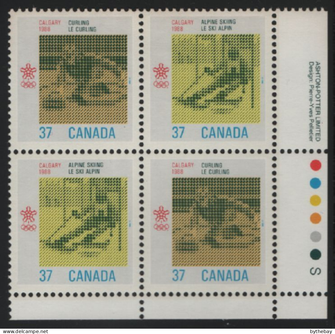 Canada 1988 MNH Sc 1196a 37c Skiing, Curling LR Plate Block - Numeri Di Tavola E Bordi Di Foglio