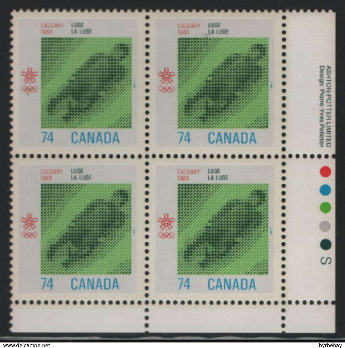 Canada 1988 MNH Sc 1198 74c Luge LR Plate Block - Plattennummern & Inschriften