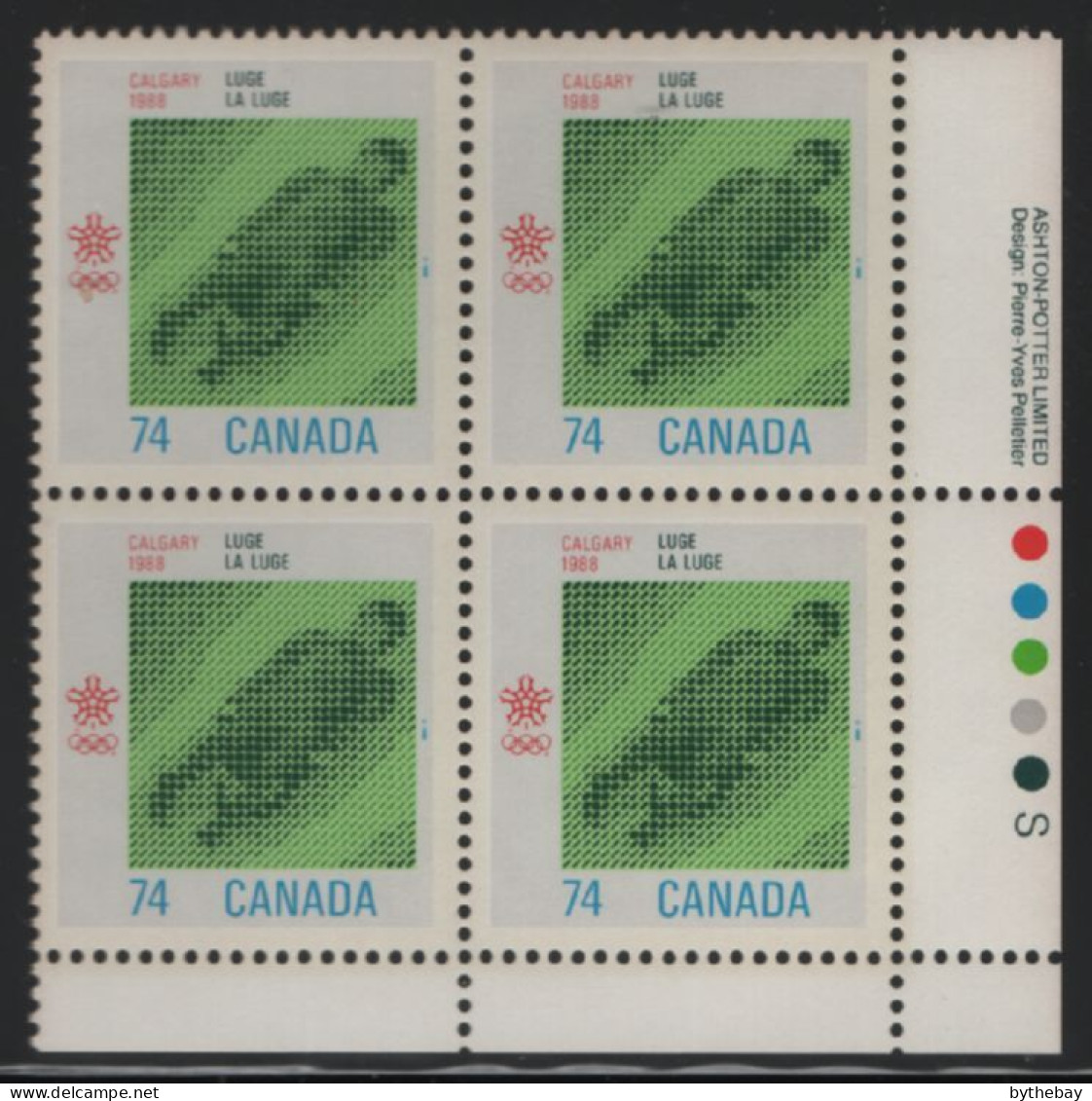 Canada 1988 MNH Sc 1198 74c Luge LR Plate Block - Plate Number & Inscriptions
