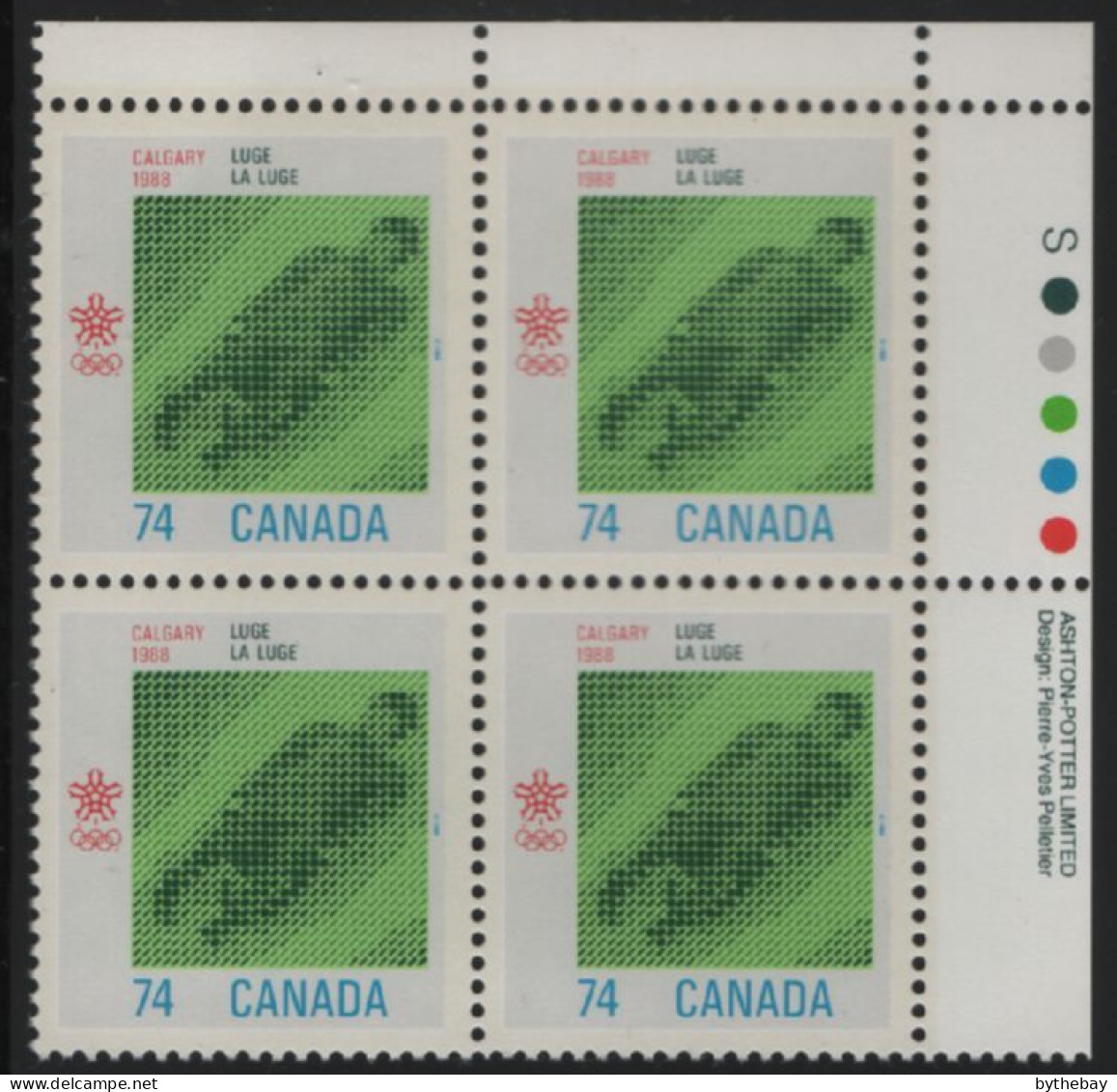 Canada 1988 MNH Sc 1198 74c Luge UR Plate Block - Num. Planches & Inscriptions Marge